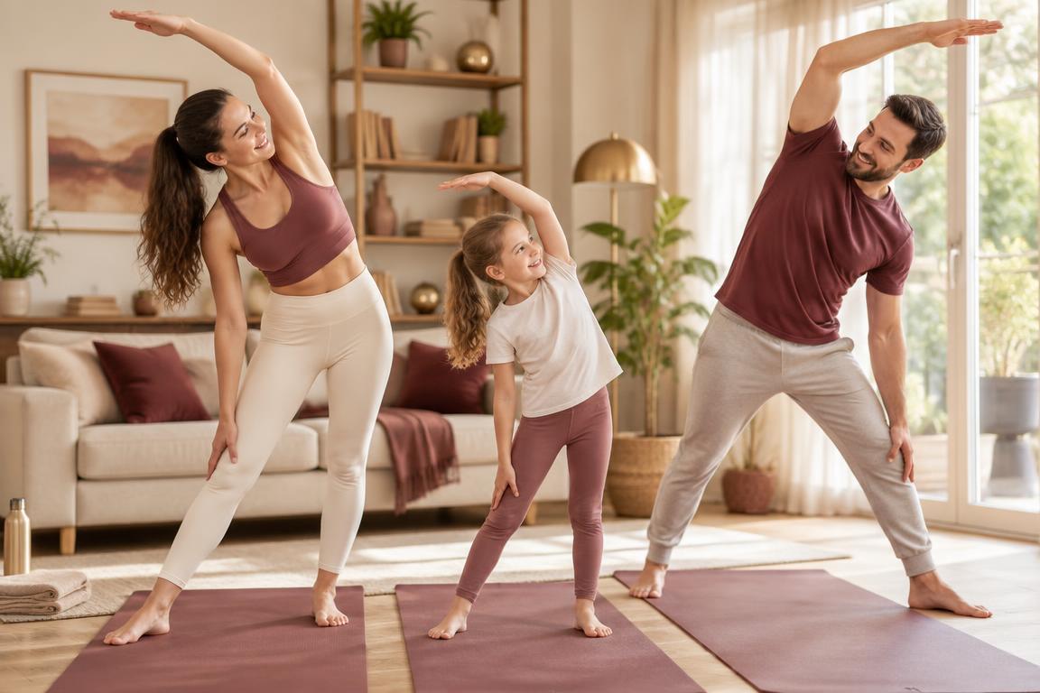 Părinți și copil făcând exerciții de fitness împreună